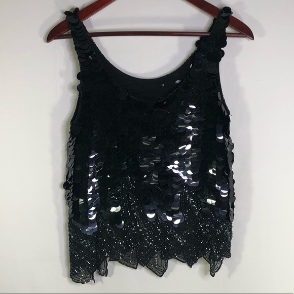 Vintage Nite Line Circle Paillettes Beading Black Blouse Tank Top Gatsby Party - Picture 6 of 8